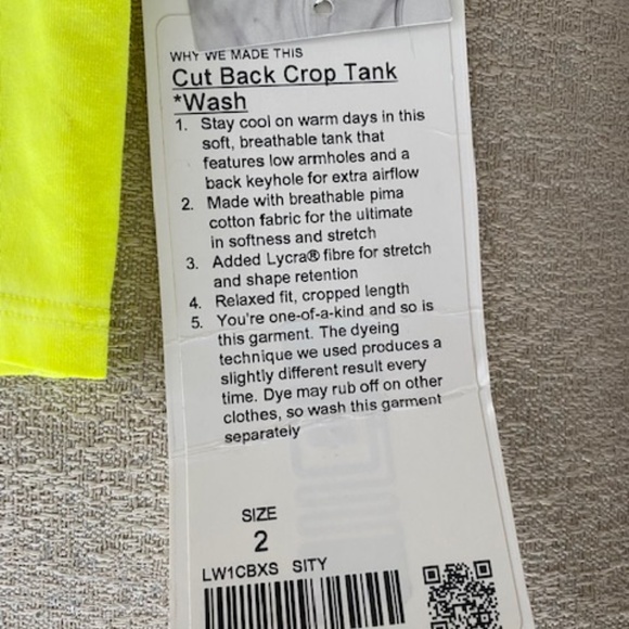 NWT - Lulu Lemon Cut Back Crop Tank - Size 2, Highlighter yellow - Picture 9 of 13